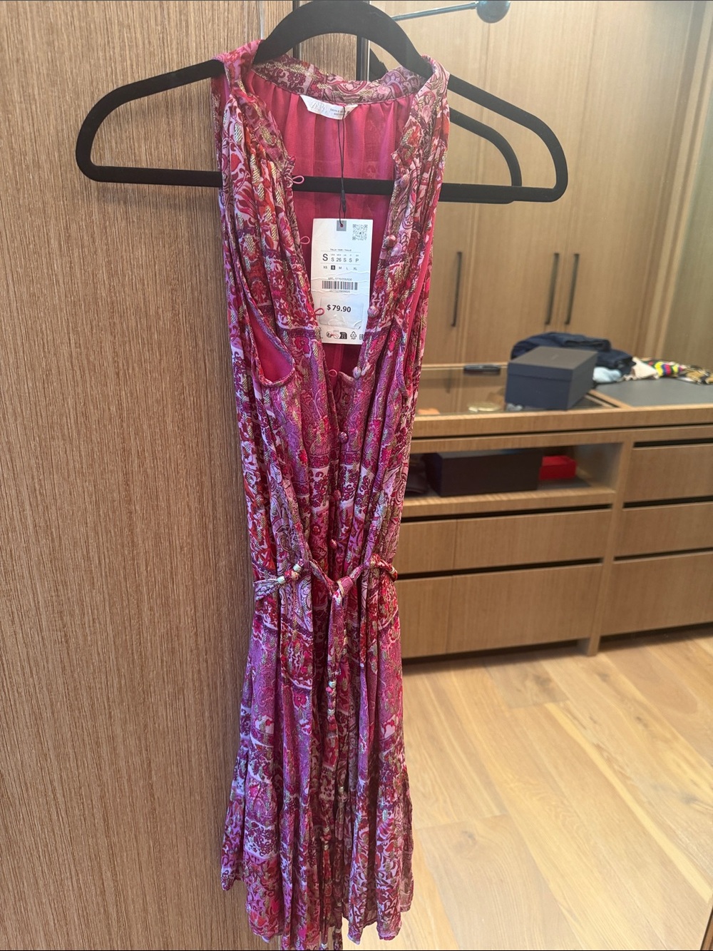 Zara Pink Paisley Midi Dress with Tie Waist